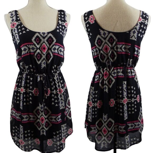 BeBop Slip Lined Elastic Waist Round Neck Sleeveless Aztec Print Dress - Small - Picture 1 of 12
